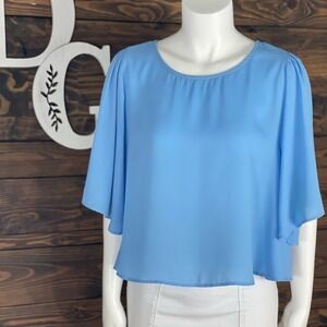 Gianni Bini | Flowy Pleated Ruched Bell Sleeves Scoop‎ Neck Baby Blue Blouse
